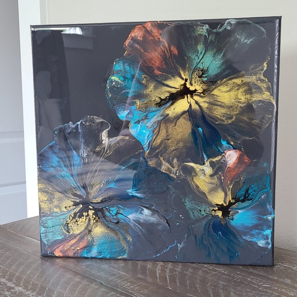 Metallic Gold, Blue, Copper Blooms on Dark Gray Wall Art